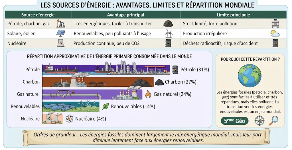 Infographie : les sources d'énergie, avantages, limites et répartition