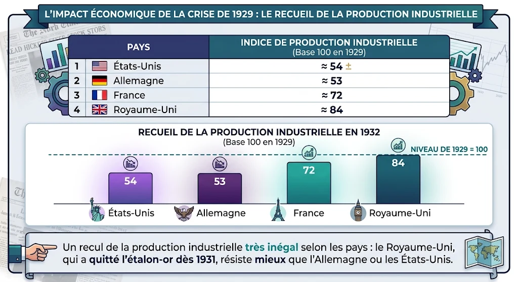 Infographie : le recul de la production industrielle selon les pays lors de la crise de 1929
