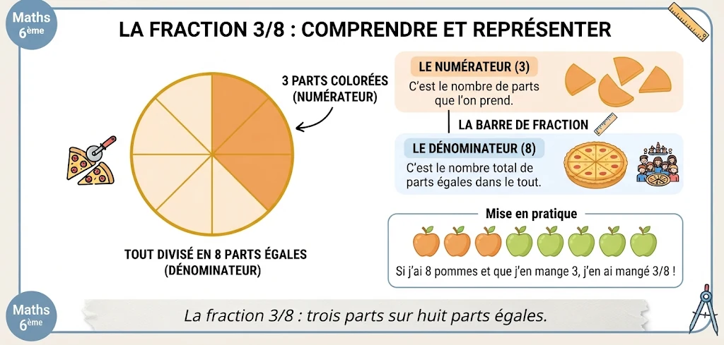 Infographie : la fraction 3/8, comprendre et représenter