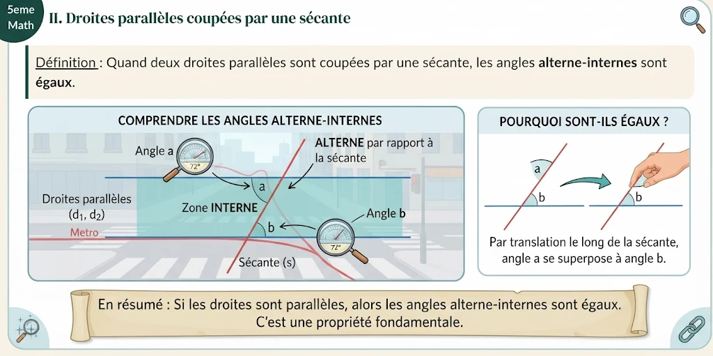 Infographie : droites parallèles coupées par une sécante (angles alternes-internes)