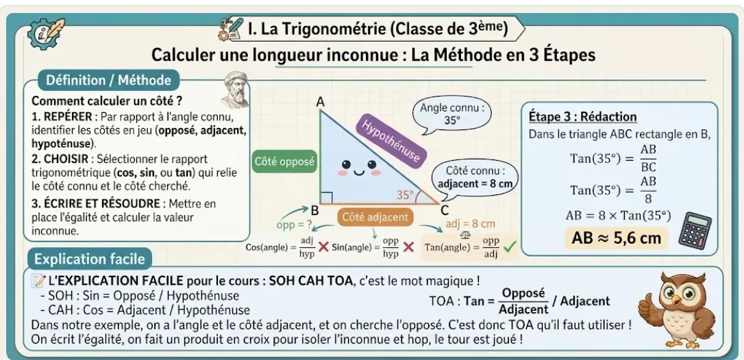Infographie : trigonométrie, calculer une longueur en 3 étapes