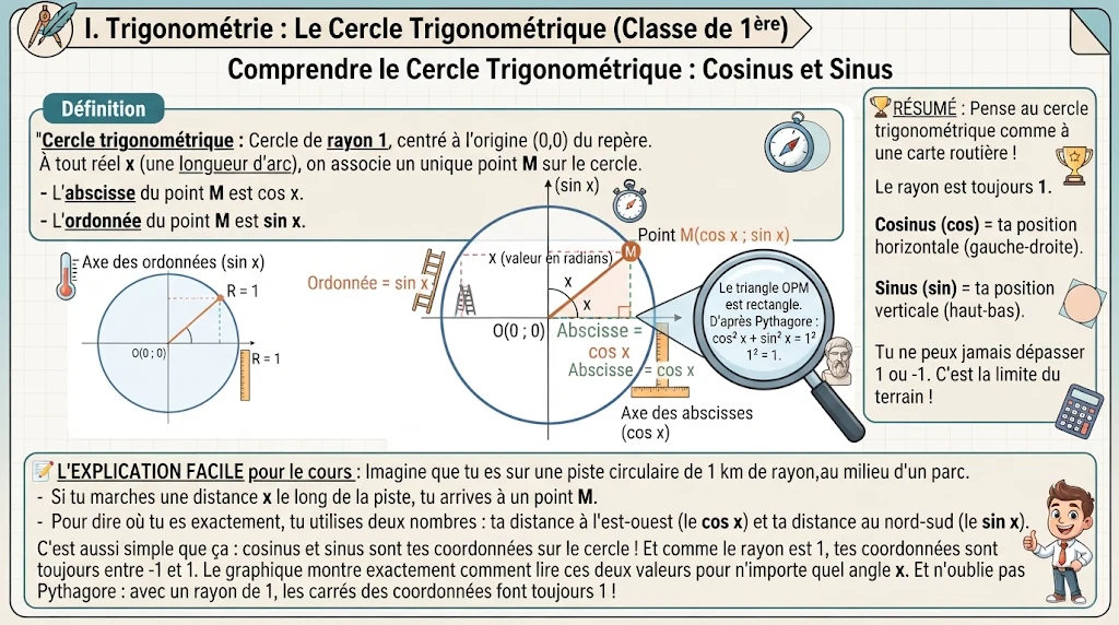 Infographie : le cercle trigonométrique (cosinus et sinus)
