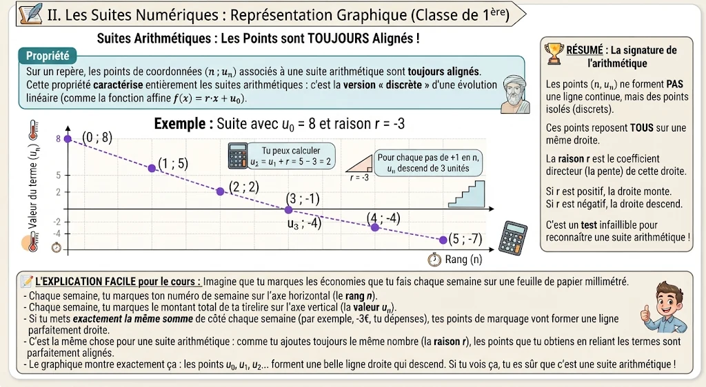 Infographie : représentation graphique d'une suite arithmétique (points alignés)