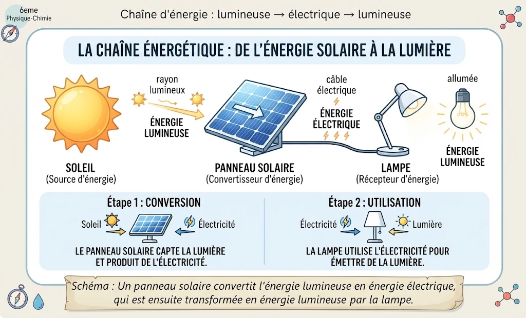 Infographie : la chaîne énergétique, de l'énergie solaire à la lumière