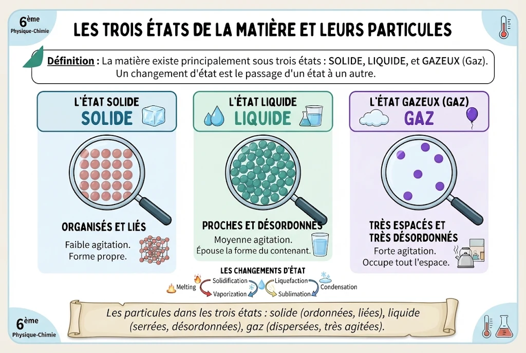 Infographie : les trois états de la matière et leurs particules