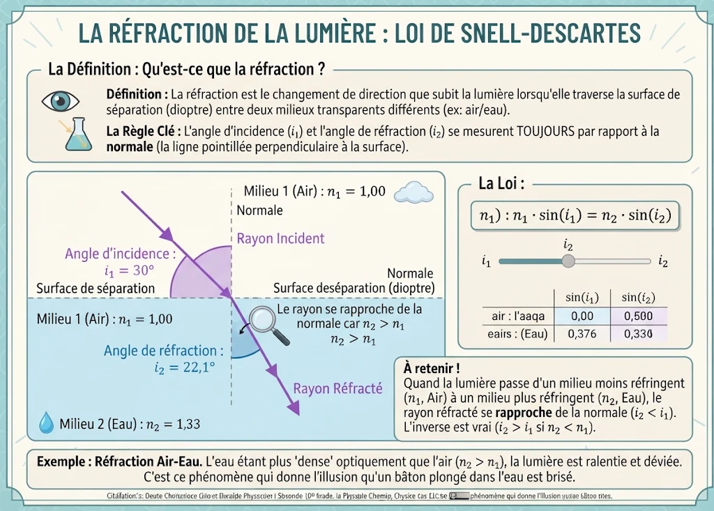 Infographie : la réfraction de la lumière (Snell-Descartes)