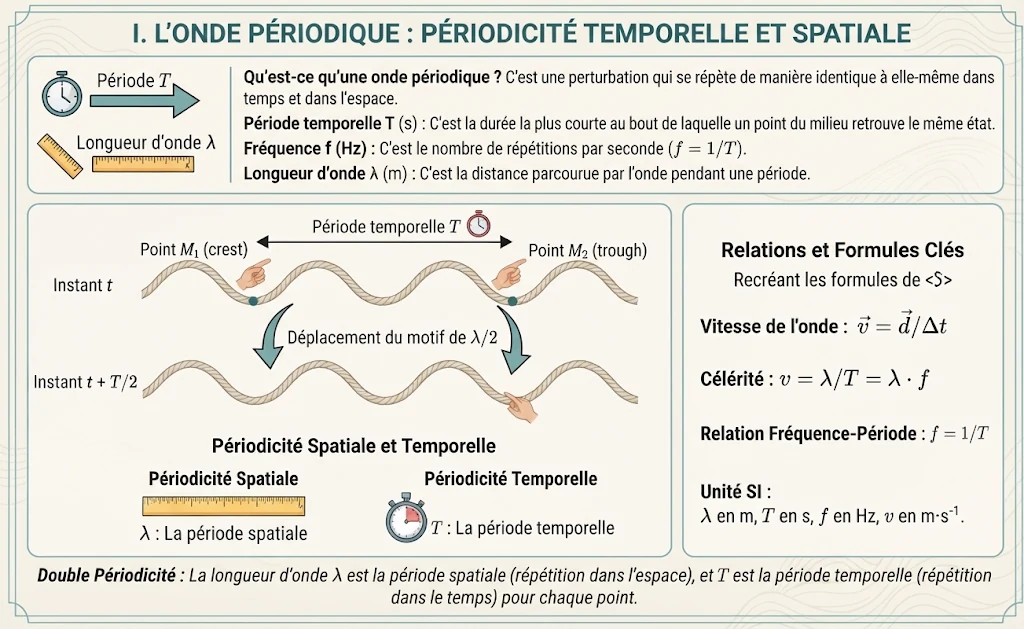 Infographie : l'onde périodique, périodicité temporelle et spatiale