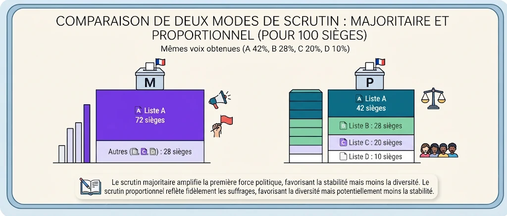 Infographie : comparaison de deux modes de scrutin