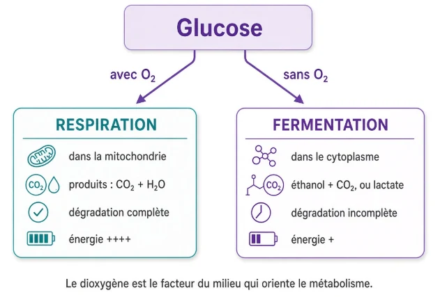 Infographie : respiration et fermentation, deux voies de dégradation du glucose