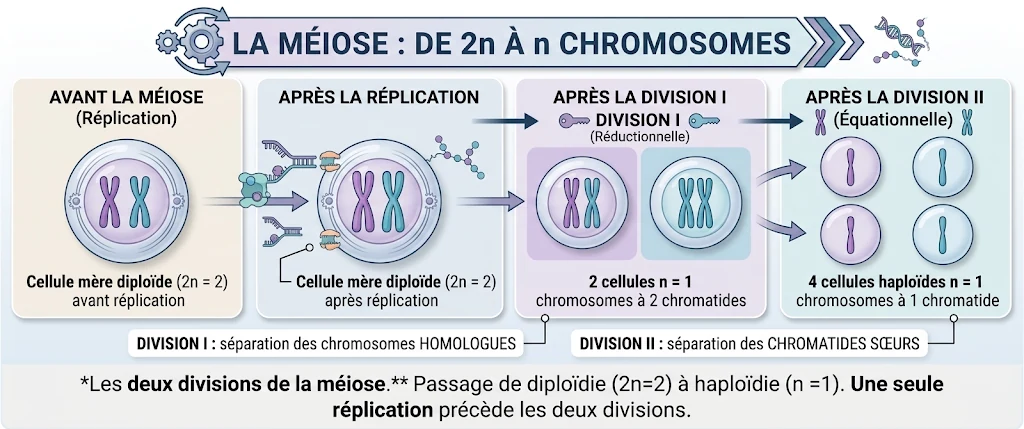 Infographie : la méiose, de 2n à n chromosomes