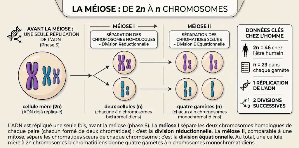 Infographie : la méiose, de 2n à n chromosomes