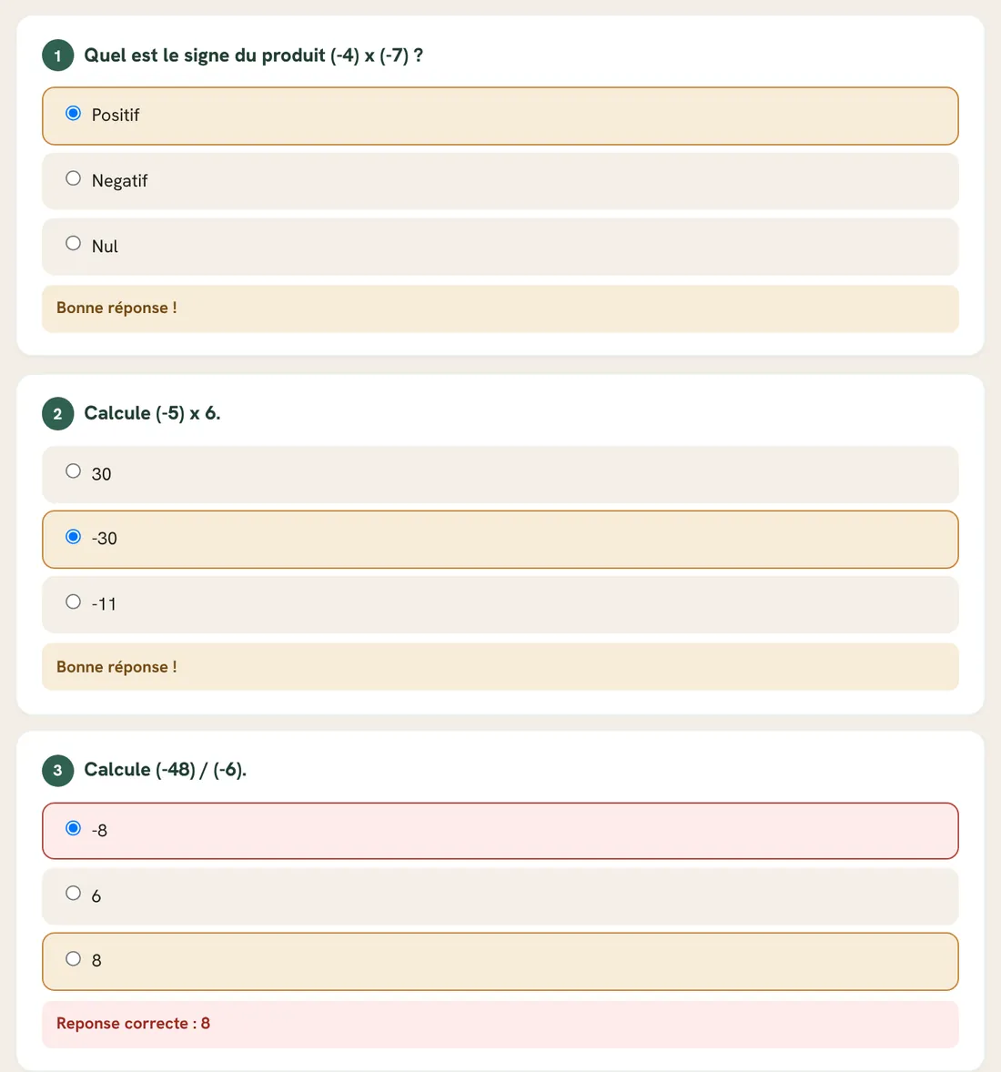 Aperçu d'un quiz corrigé